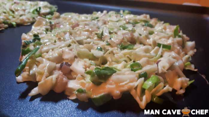 Okonomiyaki on hot plate